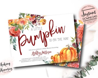 Könnte beinhalten: Babyparty-Einladung mit floralen Akzenten und dem Text "A Little Pumpkin is on the Way". Mit Aquarell-Kürbissen und dem Namen Ashley Harrison. Enthält Veranstaltungsdetails und das Label "Sofort-Download".