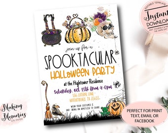 May include: Halloween party invitation with whimsical illustrations of a cauldron, pumpkin, and skull. The invitation text reads "Spooktacular Halloween Party" with event details. Includes the text "Instant Download" and "Perfect for Print".
