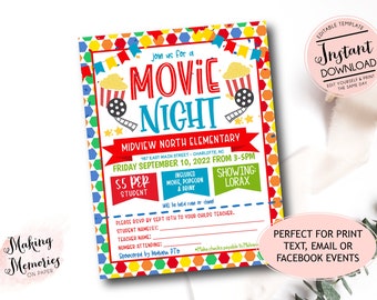 May include: A colorful printable flyer for a Movie Night at Midview North Elementary. The flyer features a red, white, and blue movie reel, popcorn, and the text "Movie Night". The event is scheduled for Friday, September 10, 2022, from 3-5 PM and costs $5 per student. The flyer also includes information about the movie being shown, "The Lorax", and the RSVP deadline.