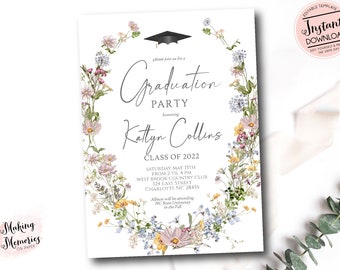 Graduation Party invitation, Editable Wildflower Graduation Invite, Graduation Announcement Party Invitation INSTANT DOWNLOAD