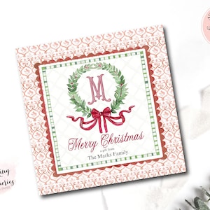 Personalized Wreath Christmas, bow Gift Tags, Monogram Holiday Gift Tag, Christmas Labels,  Watercolor Hang Tag Chinoiserie Grandmillenial
