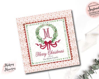 May include: A square Christmas card with a watercolor wreath and red bow design. The card features the text "Merry Christmas" and "a gift from The Marks Family". The card has a decorative patterned border and the words "Instant Download".