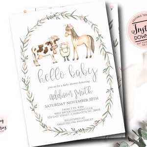 Farm Baby Shower Invitation, girl farm baby shower, modern farm invite, baby animals shower, Edit yourself Template Instant Download