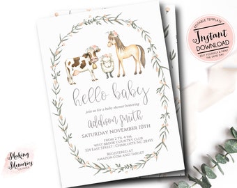 Uitnodiging boerderij babyshower, babyshower meisjesboerderij, moderne boerderij uitnodigen, babydieren douche, bewerk jezelf sjabloon direct downloaden