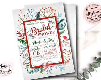 Könnte beinhalten: Eine Einladung zur Brautparty mit rotem und weißem Rand, mit Aquarell-Blumen- und Beerenakzenten. Die Einladung enthält den Text "Bridal Shower" und Details für Monica Sellers' Party, einschließlich Datum, Uhrzeit und Ort.