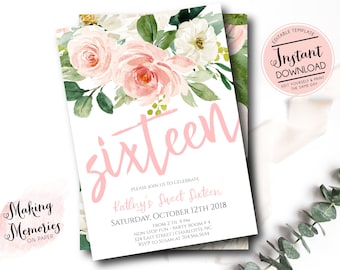 Sweet Sixteen Pink Floral invitation, 16th birthday invitation, birthday invite, sweet sixteen, edit yourself instant download Template et3