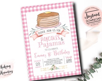 May include: Pink and white gingham patterned printable invitation for a Pancakes & Pajamas birthday party. The invitation features a stack of pancakes with butter on top, a pink ribbon, and the text "Please join us for Pancakes & Pajamas to celebrate Emma's 1st Birthday".