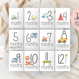 Cartes d'étape mensuelles de construction, cartes d'étape mensuelles de bébé, carte d'étape de tracteur, garçon preppy, pelle rétrocaveuse de construction de bébé de photo