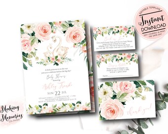 Swan baby shower invitation kit, Swan Invitation Set, Its a girl baby Shower, pink flowers, INSTANT download  Template, blush, Invite, et3