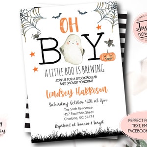 Printable boy Halloween baby shower, A Baby is brewing baby shower, boy baby brewing halloween invitation, editable instant download, oh boy