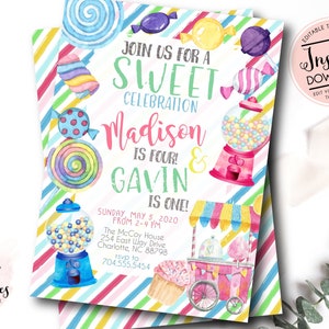 Candy Birthday Invitation, Sweet Celebration, Twin Birthday Invite, Sibling Birthday, Boy and Girl Birthday party, joint birthday party