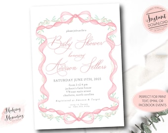 Pink Bow Baby Shower Invitation, Girl Baby Shower, Preppy Southern baby shower, Sprinkle Baby Shower, Soft Pink Ribbon Invitation