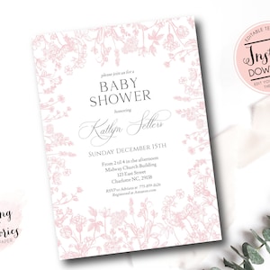 Pink Chinoiserie Baby Shower Invitation Bundle, Pink Toile Baby Shower, Grandmillennial Invite, Vintage Botanical Invite, French Toile
