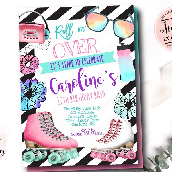 roller skating birthday invitation, VSCO birthday Party Invitation, 90's girl birthday, scrunchie, Tween Birthday Invite, Editable instant