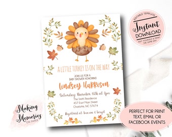 Printable thanksgiving baby shower, A little turkey is on the way, boy fall shower, instant download, A Little Turkey Baby Shower Invite