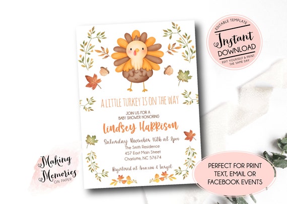 Printable thanksgiving baby shower, A little turkey is on the way, boy fall shower, instant download, A Little Turkey Baby Shower Invite