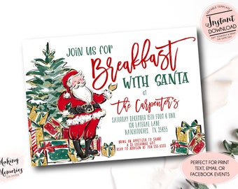 Breakfast with santa Christmas Party Invitation, Meet Santa Christmas Invite, Kids Christmas party Invitation, Santa Breakfast Invitation