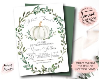 Peut inclure: Un modèle d'invitation pour fête prénatale avec une citrouille blanche et une couronne d'eucalyptus vert à l'aquarelle. Le texte indique A little Pumpkin is on the way! Join us for a baby shower honoring Monica Tellers, le 20 août.