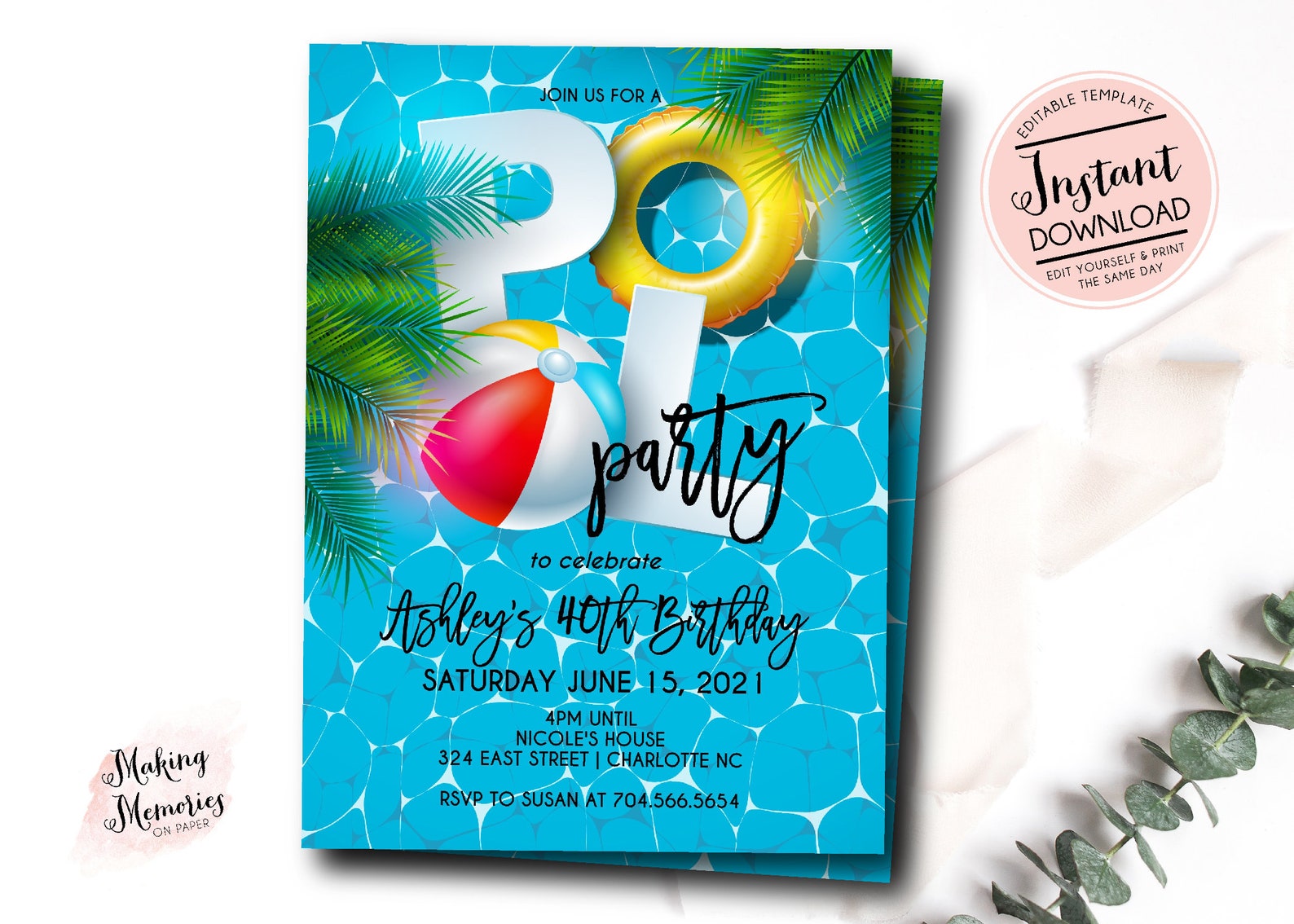 Pool Party Invitation Adult Pool Party Invitation Kids Pool Etsy