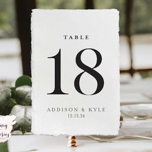 May include: White table number card with black text. The card reads "Table 18" and "Addison & Kyle 12.13.24".