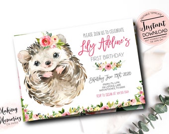 Invitación de cumpleaños de erizo, Invitación de Woodland, Invitación de primer cumpleaños, Plantilla de cumpleaños de Hedgehog Woodland, Descarga instantánea