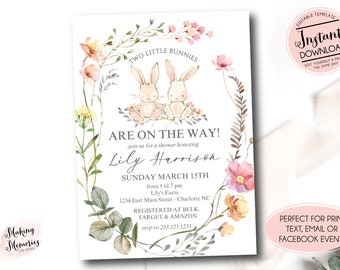Editable twins baby shower invitation,  twin bunnies baby shower, two little bunnies, Wildflower baby shower, Editable Bunny invite