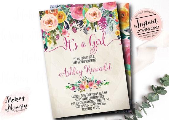 Baby Shower Invitation, Watercolor Flowers Invitation, Floral Invitation, Shower Invitation, DIY, Floral Invite, Flower Invite, Invite - sfc