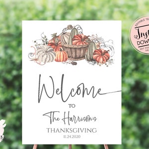 Thanksgiving Welcome Sign, Autumn welcome sign, pumpkin welcome sign, Welcome poster, Instant download, edit yourself menu