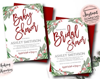 May include: Two invitation cards for a baby shower and a bridal shower. The cards have a white background with red text and a watercolor floral border. The text on the cards includes the names Ashley Smithson, date, time, and location.