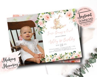 Some bunny is one birthday invitation, bunny birthday party invitation, easter invite, Template, INSTANT download edit yourself, blush, et3