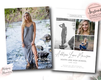 May include: Graduation announcement featuring a young woman in a gray dress standing in water. The announcement includes the graduate's name, school, and graduation year. The words "Instant Download" are visible.