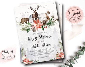 Winter woodland Baby Shower Invitation, woodland Invitation, Winter baby Invite, Woodland animals Invitation, deer, templett, bear, fox