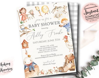 Nursery Rhyme Baby Shower Invitation, Book Baby Shower, Mother Goose Invitation, Humpty Dumpty, Instant download Edit yourself