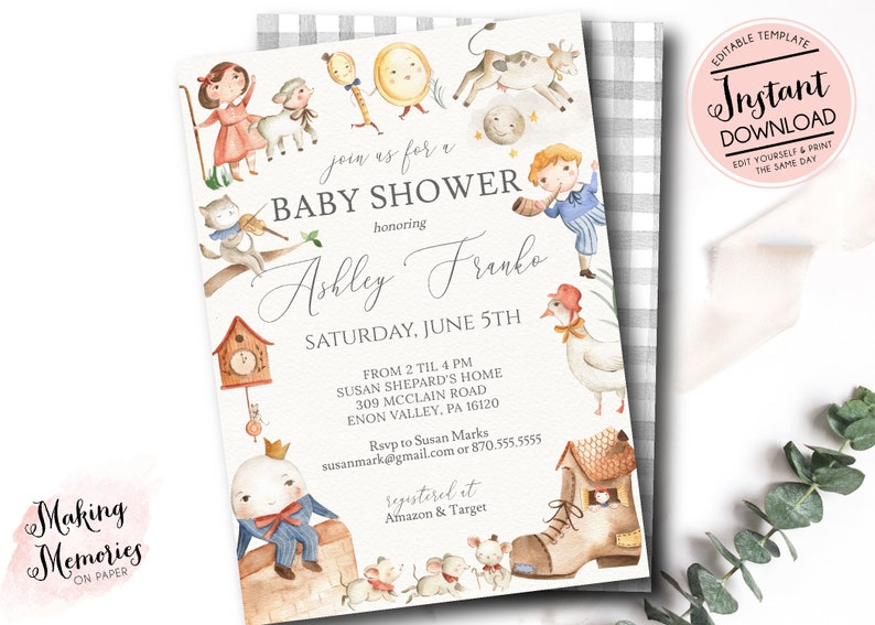 Puede incluir: Una invitaci&oacute;n de baby shower en acuarela con una ilustraci&oacute;n caprichosa de personajes del cuento de hadas "La Gallina Roja". La invitaci&oacute;n est&aacute; decorada con un fondo a cuadros azul claro y blanco e incluye el texto "join us for a baby shower honoring Ashley Franco Saturday, June 5th from 2 til 4 pm Susan Shepard's Home 309 McClain Road Enon Valley, PA 16120 Rsvp to Susan Marks susanmark@gmail.com or 870.555.5555 registered at Amazon & Target".