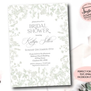 Sage Chinoiserie Bridal Shower Invitation Bundle, Green Toile Bridal Shower, Grandmillennial Invite, Vintage Botanical Invite, French Toile