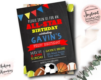 SPORTS birthday Invitation, All Star Invitation, Sports Invitation, Sports Birthday Invitation, Sports Party, Template, Instant Download