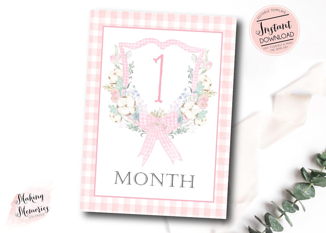 Pink Monthly Milestone Cards, Baby Girl Watercolor Crest Monthly ...
