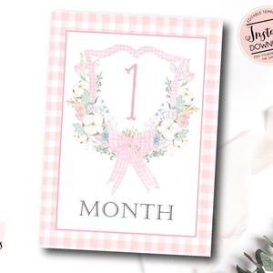 Pink Monthly Milestone Cards, Baby Girl Watercolor Crest Monthly Milestone Cards, Cotton Grandmillennial Milestone Cards, Instant Download