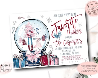 Puede incluir: Una invitación con temática navideña con una ilustración de bola de nieve. El texto anuncia una fiesta de "Cosas Favoritas" con detalles del evento. Incluye cajas de regalo y bastones de caramelo. Descarga instantánea.