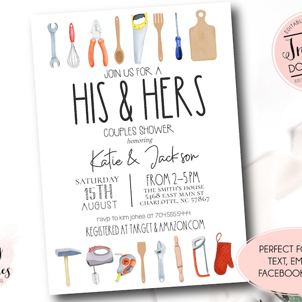 His and hers couples shower invitation, Editable Couples Shower Invitation, Honey Do Shower invite, grooms shower invite, tool shower invite