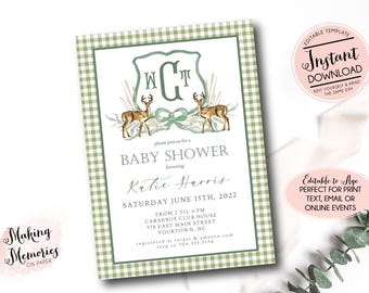Editable Deer Baby Shower Invitation, Deer Hunting Baby shower invite, Boy baby shower, Edit yourself Instant Download, Deer Crest Monogram