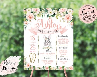 Bunny Milestone poster, Pink Floral Birthday Chalkboard Poster, About me Poster, Memory Board,  Pink about me poster, memory poster et3