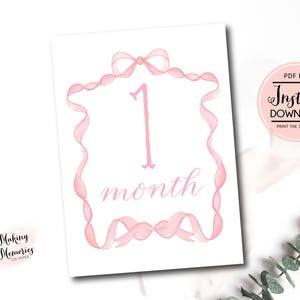 Tarjetas mensuales de hitos para niña, tarjetas mensuales de hitos con diseño de cuadros vichy y acuarela para niña, tarjetas de hitos con lazo rosa, descarga instantánea preppy