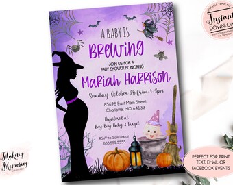 May include: A Halloween-themed baby shower invitation with a purple watercolor background. The invitation features a silhouette of a pregnant woman in a witch costume, pumpkins, and the text "A Baby is Brewing".