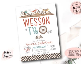 Editable TWO fast Dirt Bike invitation, Dirt Bike Birthday Invitation,  Second Birthday Template, 2nd birthday motorcycle birthday party
