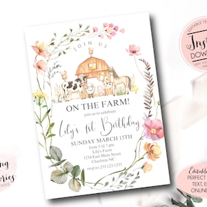 Editable Farm Birthday Invitation, girl farm invitation, girl farm invite, wildflower farm invite, barnyard party, Instant Download