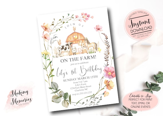Editable Farm Birthday Invitation, girl farm invitation, girl farm invite, wildflower farm invite, barnyard party, Instant Download