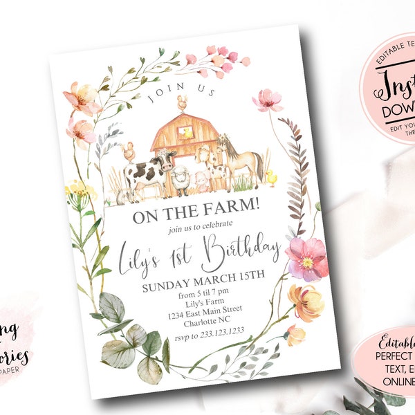 Editable Farm Birthday Invitation, girl farm invitation, girl farm invite, wildflower farm invite, barnyard party, Instant Download