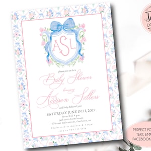 Monogram baby shower invitation, Preppy Bow Baby Shower, Spring girl baby shower, Editable Gingham crest invite, Monogram shower