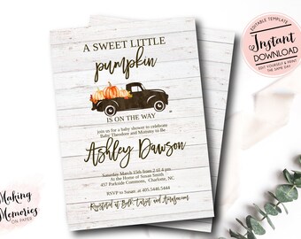 May include: Baby shower invitation with a rustic theme. The design features a black truck carrying pumpkins, with the text "A Sweet Little Pumpkin Is On The Way." The invitation includes details for the event, with a light wood background.